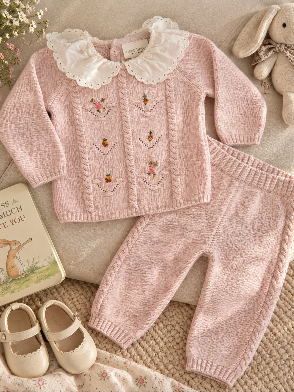 Next Baby Girl Pink Knit Floral Sweater Set Size 9-12 Months